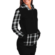 Load image into Gallery viewer, Black Longline Hoodie Dress With Black and White Plaid Contrast Sleeves, Pocket and Hood