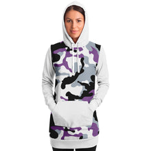 Load image into Gallery viewer, White and Purple Camouflage Longline Hoodie Dress With Solid White Sleeves, Pocket and Hood