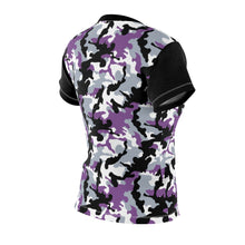 Load image into Gallery viewer, Camo Pattern Women's Tee Purple, White and Black Camouflage With Contrast Sleeves