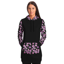 Load image into Gallery viewer, Black Longline Hoodie Dress With Pink Orchid Flower Pattern Sleeves, Pocket and Hood