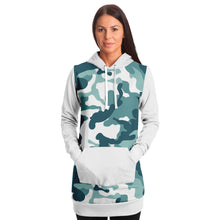 Load image into Gallery viewer, White and Minty Teal Camouflage Pattern Longline Hoodie Dress With Solid White Sleeves, Pocket and Hood
