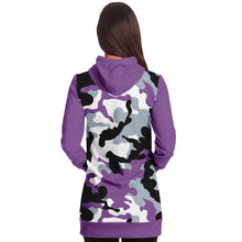 Load image into Gallery viewer, Purple Camouflage Longline Hoodie Dress With Solid Purple Sleeves, Pocket and Hood