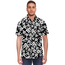 Load image into Gallery viewer, Black and White Hibiscus Hawaiian Flower Pattern Button Down Shirt