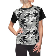 Load image into Gallery viewer, Camo Pattern Women's Tee Black, White and Gray Snow Camouflage With Contrast Sleeves
