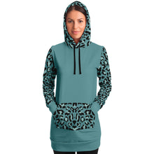 Load image into Gallery viewer, Minty Teal Longline Hoodie Dress With Leopard Print Sleeves, Hood and Pocket