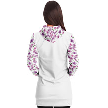 Load image into Gallery viewer, White Longline Hoodie Dress With Pink Orchid Flower Pattern Sleeves, Hood and Pocket