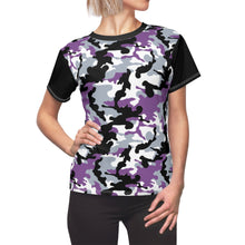 Load image into Gallery viewer, Camo Pattern Women's Tee Purple, White and Black Camouflage With Contrast Sleeves