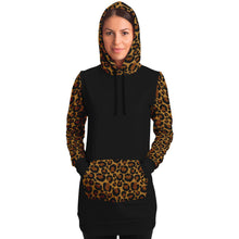 Load image into Gallery viewer, Black Longline Hoodie Dress With Leopard Print Contrast Sleeves, Pocket and Hood