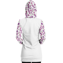 Load image into Gallery viewer, White Longline Hoodie Dress With Pink Orchid Flower Pattern Sleeves, Hood and Pocket