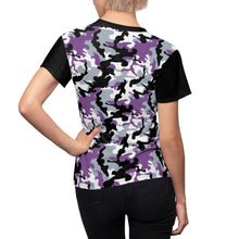 Load image into Gallery viewer, Camo Pattern Women's Tee Purple, White and Black Camouflage With Contrast Sleeves