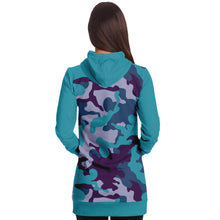 Load image into Gallery viewer, Teal and Purple Camouflage Longline Hoodie Dress With Teal Contrast Sleeves, Pocket and Hood