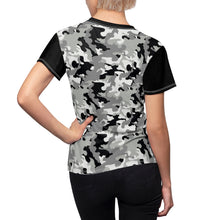 Load image into Gallery viewer, Camo Pattern Women's Tee Black, White and Gray Snow Camouflage With Contrast Sleeves
