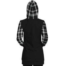 Load image into Gallery viewer, Black Longline Hoodie Dress With Black and White Plaid Contrast Sleeves, Pocket and Hood