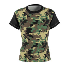 Load image into Gallery viewer, Camo Pattern Women's Tee Green, Brown and Black Camouflage With Contrast Sleeves