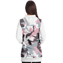 Load image into Gallery viewer, White and Pastel Mauve Camouflage Longline Hoodie Dress With Solid White Sleeves, Pocket and Hood
