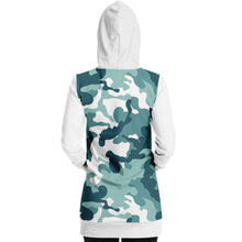 Load image into Gallery viewer, White and Minty Teal Camouflage Pattern Longline Hoodie Dress With Solid White Sleeves, Pocket and Hood