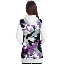 Load image into Gallery viewer, White and Purple Camouflage Longline Hoodie Dress With Solid White Sleeves, Pocket and Hood