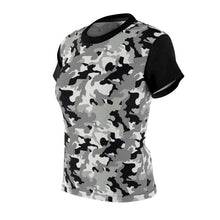 Load image into Gallery viewer, Camo Pattern Women's Tee Black, White and Gray Snow Camouflage With Contrast Sleeves