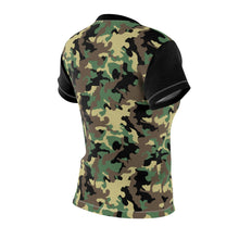 Load image into Gallery viewer, Camo Pattern Women's Tee Green, Brown and Black Camouflage With Contrast Sleeves