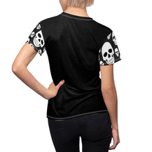 Load image into Gallery viewer, Skeleton Ribs on Black Women's T-Shirt With Skull Sleeves