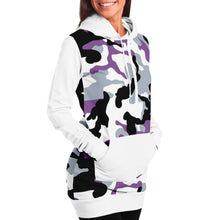 Load image into Gallery viewer, White and Purple Camouflage Longline Hoodie Dress With Solid White Sleeves, Pocket and Hood