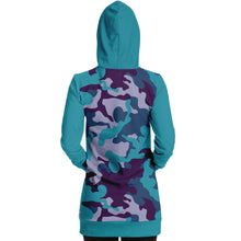 Load image into Gallery viewer, Teal and Purple Camouflage Longline Hoodie Dress With Teal Contrast Sleeves, Pocket and Hood