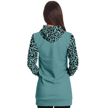 Load image into Gallery viewer, Minty Teal Longline Hoodie Dress With Leopard Print Sleeves, Hood and Pocket