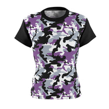 Load image into Gallery viewer, Camo Pattern Women's Tee Purple, White and Black Camouflage With Contrast Sleeves