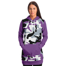 Load image into Gallery viewer, Purple Camouflage Longline Hoodie Dress With Solid Purple Sleeves, Pocket and Hood