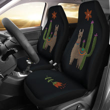 Load image into Gallery viewer, Brown Llama Car Seat Covers Chalky Style Cactus and Flower Design Printed on Black Fabric