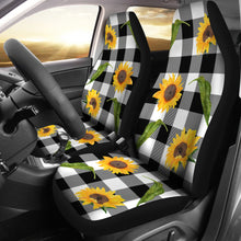 Load image into Gallery viewer, Black and White Buffalo Plaid With Rustic Sunflowers Car Seat Covers Seat Protectors Farmhouse
