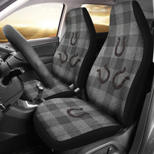 Load image into Gallery viewer, Gray Faux Denim Buffalo Plaid Car Seat Covers With Rustic Horseshoes Seat Protectors Western Cowboy