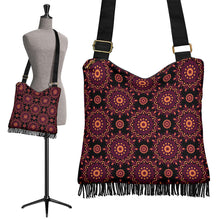 Load image into Gallery viewer, Black Magenta Mandala Pattern Boho Bag With Fringe and Shoulder Straps Crossbody Purse