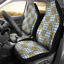 Load image into Gallery viewer, Faded Denim Blue Buffalo Plaid and Sunflowers Patchwork Pattern Car Seat Covers Set