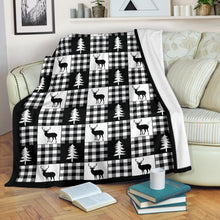 Load image into Gallery viewer, Black and White Buffalo Plaid With Deer and Pine Trees Pattern Fleece Throw Blanket