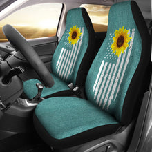 Load image into Gallery viewer, Distressed American Flag With Rustic Sunflower on Turquoise Faux Denim Style Car Seat Covers