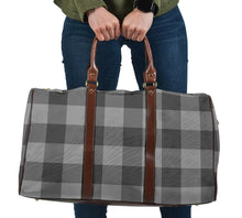 Load image into Gallery viewer, Gray Buffalo Plaid Travel Bag Duffel With Brown Faux Leather Handles