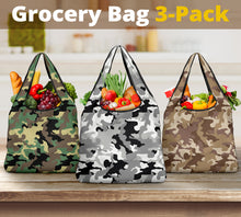 Load image into Gallery viewer, Camo Grocery Shopping Bags Pack of 3 In Green, Gray and Brown Camouflage Patterns