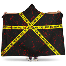 Load image into Gallery viewer, Crime Scene Police Tape True Crime Hooded Blanket Black With Blood Spatter and Sherpa Lining