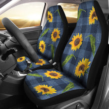 Load image into Gallery viewer, Blue Denim Buffalo Plaid With Rustic Sunflowers Car Seat Covers