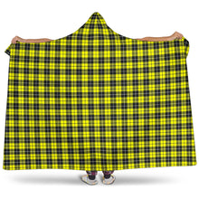 Load image into Gallery viewer, Yellow, Black and White Plaid Tartan Pattern Hooded Blanket With Tan Sherpa Lining