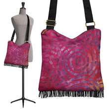 Load image into Gallery viewer, Magenta and Purple Batik Spiral Pattern Boho Bag With Fringe and Shoulder Crossbody Strap