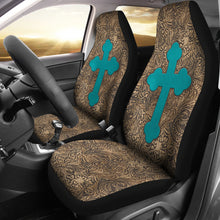 Load image into Gallery viewer, Brown Tooled Leather Car Seat Covers Set With Turquoise Cross