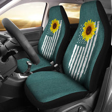 Load image into Gallery viewer, Distressed American Flag With Rustic Sunflower on Teal Faux Denim Style Car Seat Covers