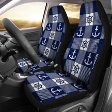 Load image into Gallery viewer, Navy Blue and White Nautical and Chevron Pattern Patchwork Car Seat Covers Set of 2