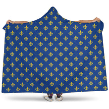 Load image into Gallery viewer, Blue and Gold Fleur De Lis Pattern Hooded Blanket 2