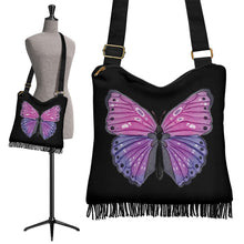 Load image into Gallery viewer, Black With Pink and Purple Watercolor Butterfly Boho Style Bag With Fringe