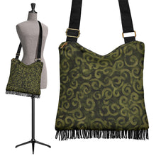Load image into Gallery viewer, Olive Green Batik Swirls Design Canvas Printed Boho Bag With Fringe Crossbody Shoulder Purse