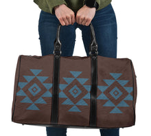 Load image into Gallery viewer, Brown Faux Suede and Blue Tribal Design Travel Bag Duffel With Black Faux Leather Handles