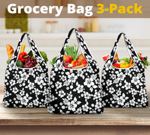 Load image into Gallery viewer, Black and White Hibiscus Flower Pattern Grocery Shopping Bags Pack of 3